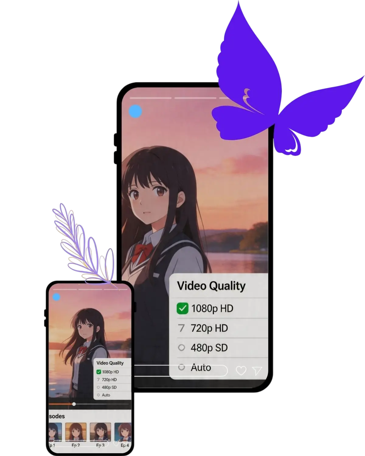Adjustable Video Quality for Smooth Playback Mobile screen showing video quality settings from 480p SD to 1080p HD for lag-free streaming.
