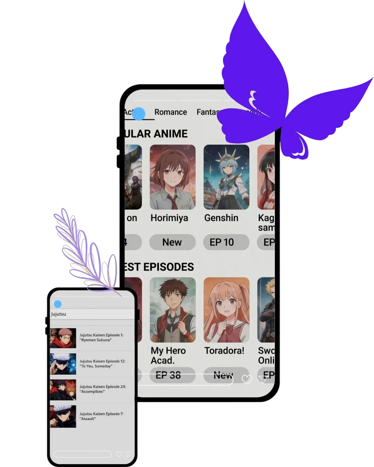 Diverse Anime Collection by Genre and Popularity A large digital library interface displaying various anime posters categorized by action, comedy, and romance.