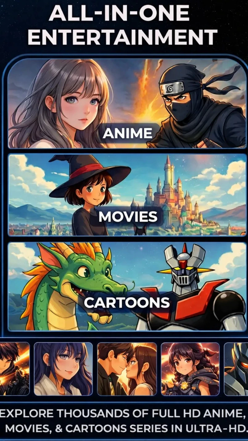 Anime World APK Diverse Content Library Grid display showcasing different categories including Movies, Cartoons, and popular Series.