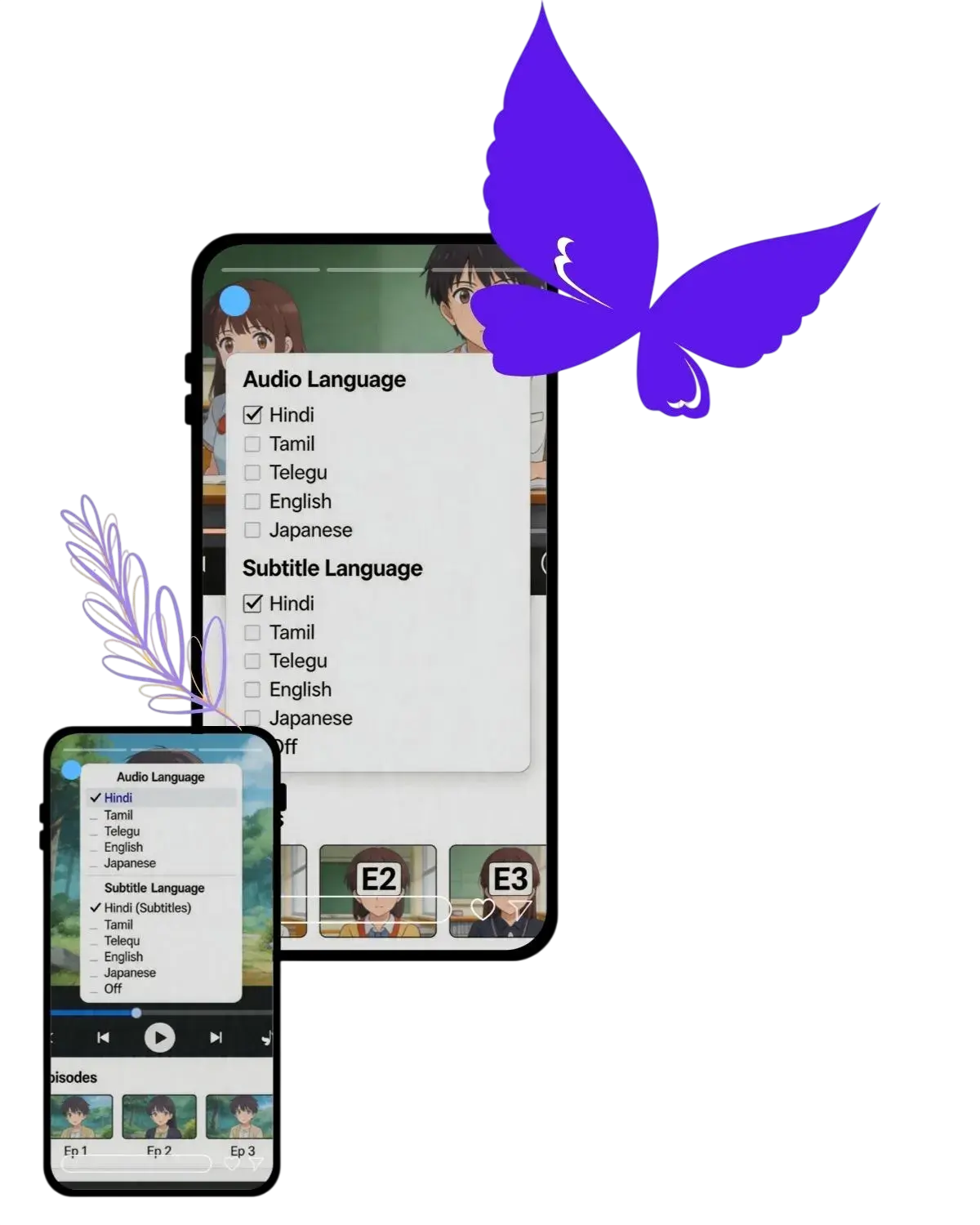 Anime World APK Multi Language Audio and Subtitles App settings menu showing language options including Hindi, Tamil, Telugu, and English for a better viewing experience.
