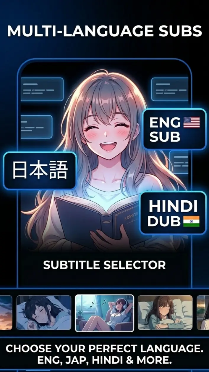 Subtitle Selector for Multiple Languages Interface showing subtitle options like English, Japanese, and Hindi Dub for various shows