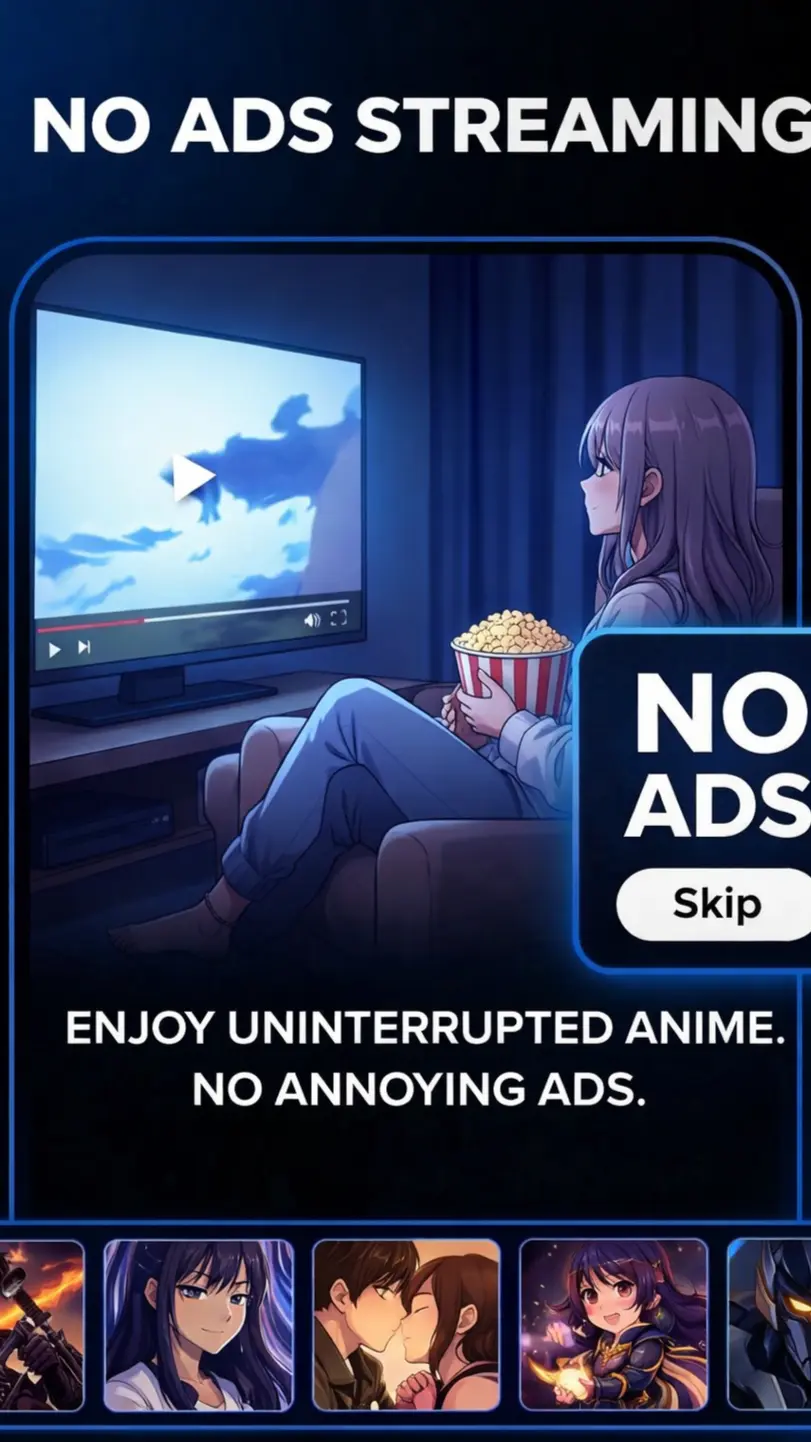 Ad Free Anime Streaming Experience Illustration of a girl watching anime comfortably without interruptions or annoying ads.